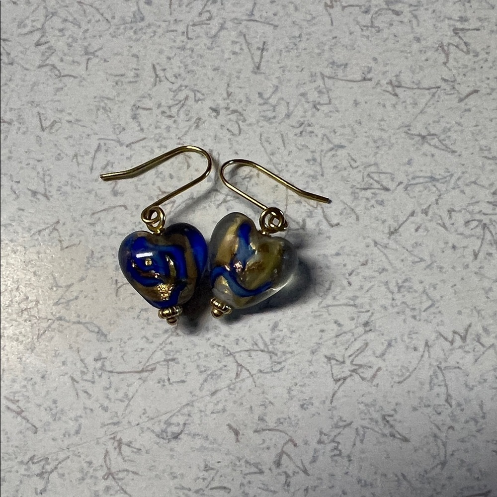 Elegant Blue and Gold Heart Venetian Glass Earrings